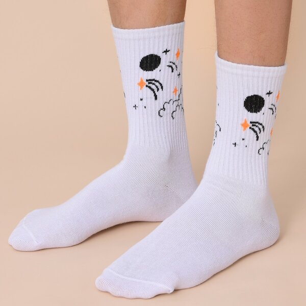 

Men Cartoon Graphic Crew Socks, White