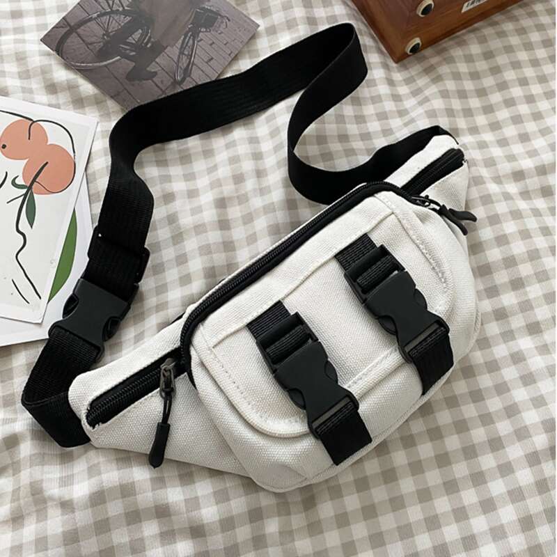 

Colorblock Buckle Canvas Fanny Pack, Beige