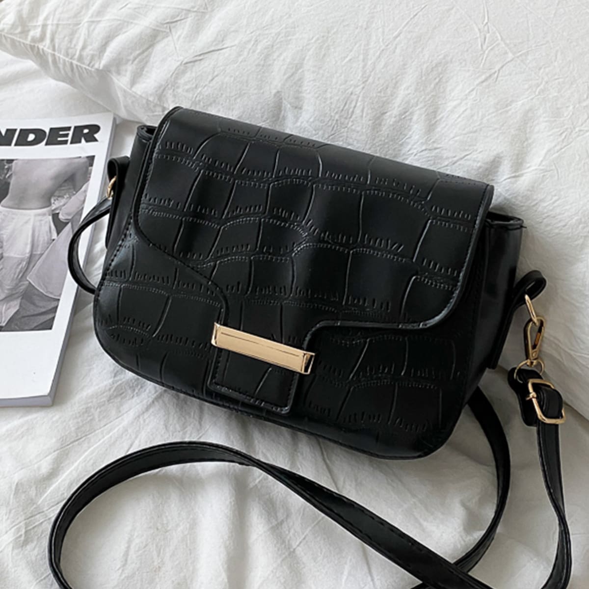 

Croc Embossed Flap Crossbody Bag, Black