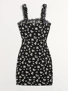 Soleia 木耳邊帶繫帶抽褶胸小雛菊花卉連衣裙 - 黑色 - 查看 2