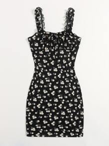 Soleia 木耳邊帶繫帶抽褶胸小雛菊花卉連衣裙 - 黑色 - 查看 4