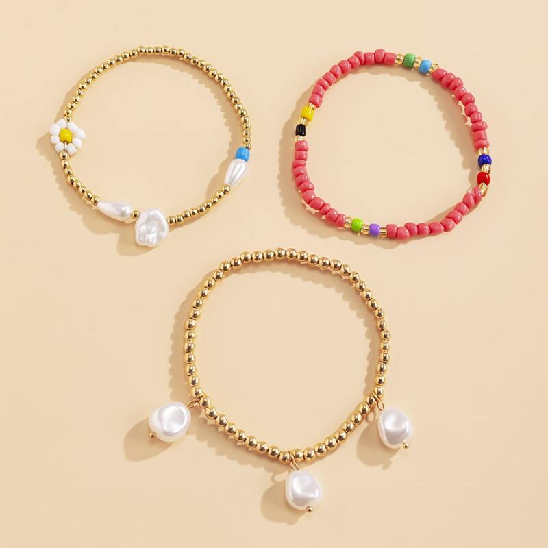 

3pcs Faux Pearl Beaded Bracelet, Multicolor