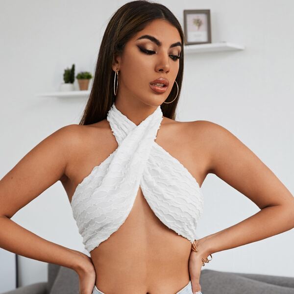 

Criss Cross Tied Backless Halter Top, White