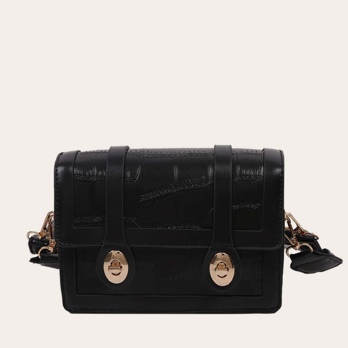 

Croc Embossed Square Shoulder Bag, Black