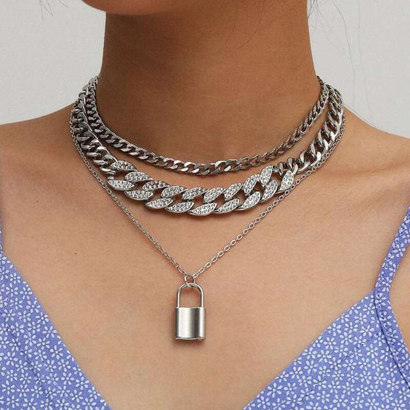 

Lock Rhinestone Chain Necklace, Silver