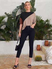 SHEIN LUNE 拼色落肩羅紋針織T恤 - 彩色 - 查看 3