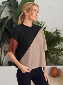 SHEIN LUNE 拼色落肩羅紋針織T恤 - 彩色 - 查看 4