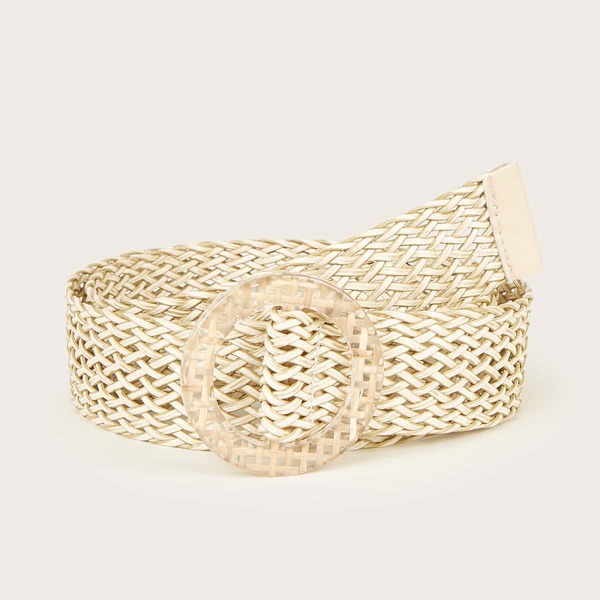 

Rectangle Buckle Woven Belt, Beige