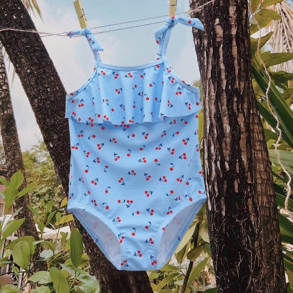

Toddler Girls Cherry Print Flounce One Piece Swimsuit, Blue
