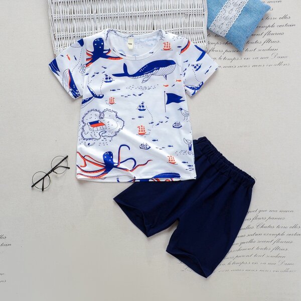 

Toddler Boys Cartoon Graphic Tee With Shorts, Blue and white