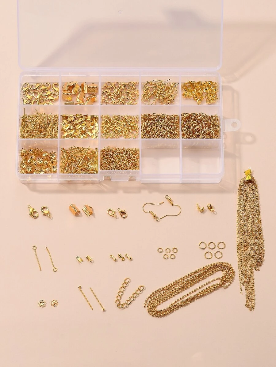 1 hộp Bộ dụng cụ phát hiện trang sức bằng kim loại có đầu sắt / Ghim mắt Gấp uốn kết thúc Đầu hạt Nút thắt / Đầu ruy băng / Phần mở rộng chuỗi xoắn Kẹp tôm hùm hợp kim Dây chuyền bằng đồng và móc bông tai Bộ phụ kiện trang sức tự làm - Vàng - Xem 1