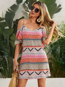 SHEIN VCAY Cold Shoulder Graphic Print Dress - Multicolor - View 1