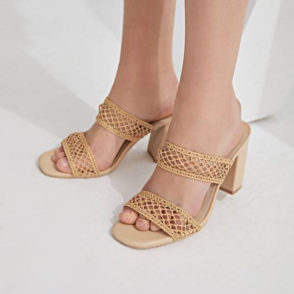 

Hollow Out Chunky Heeled Mules, Apricot