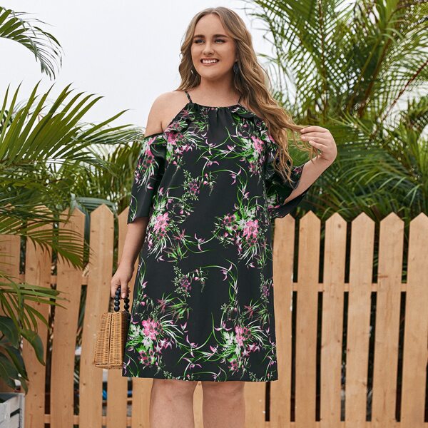 

Plus Floral Cold Shoulder Ruffle Trim Dress, Multicolor