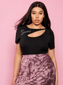 SHEIN Plus Asymmetrical Neck Rhinestone Letter Graphic Tee