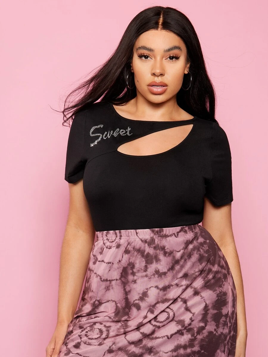 SHEIN Plus Asymmetrical Neck Rhinestone Letter Graphic Tee
