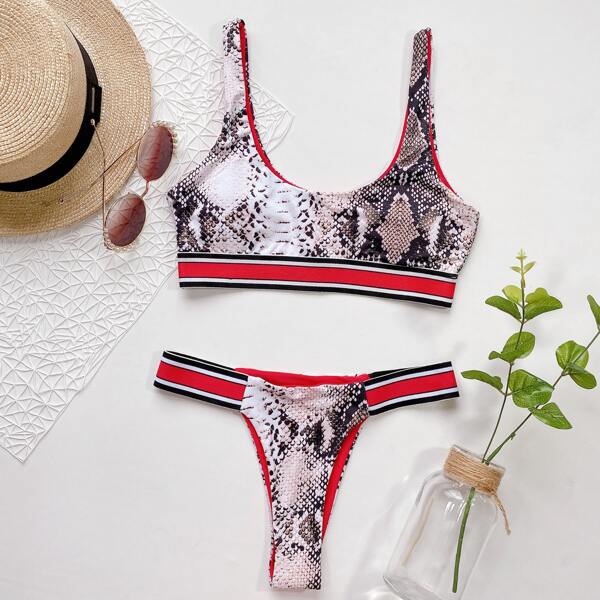 

Snakeskin Print Contrast Binding Bikini Swimsuit, Multicolor