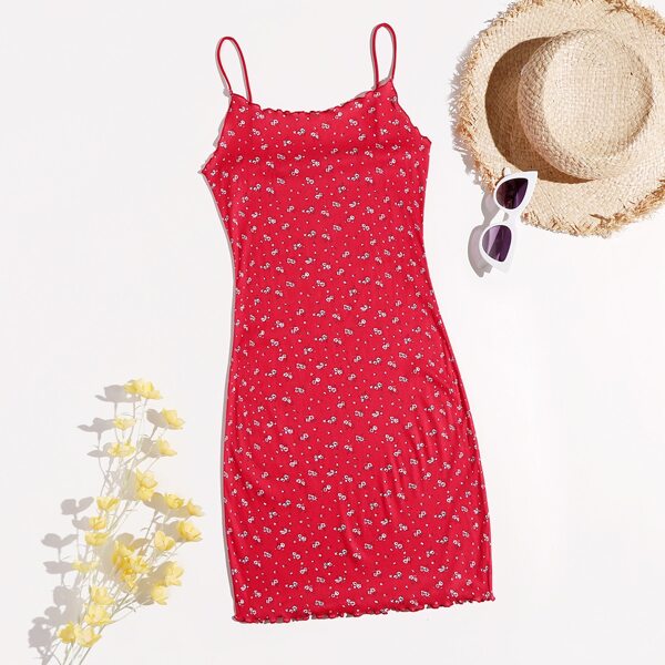 

Ditsy Floral Lettuce Trim Bodycon Dress, Red