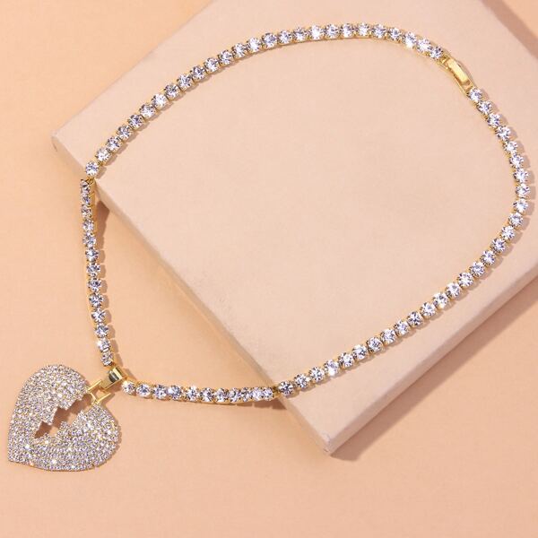 

Rhinestone Heart Charm Necklace, Gold