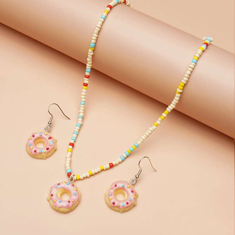 

1pc Doughnut Charm Necklace & 1pair Drop Earrings, Multicolor