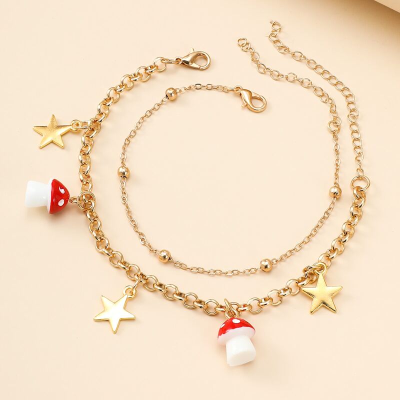 

2pcs Star & Mushroom Design Bracelet, Gold