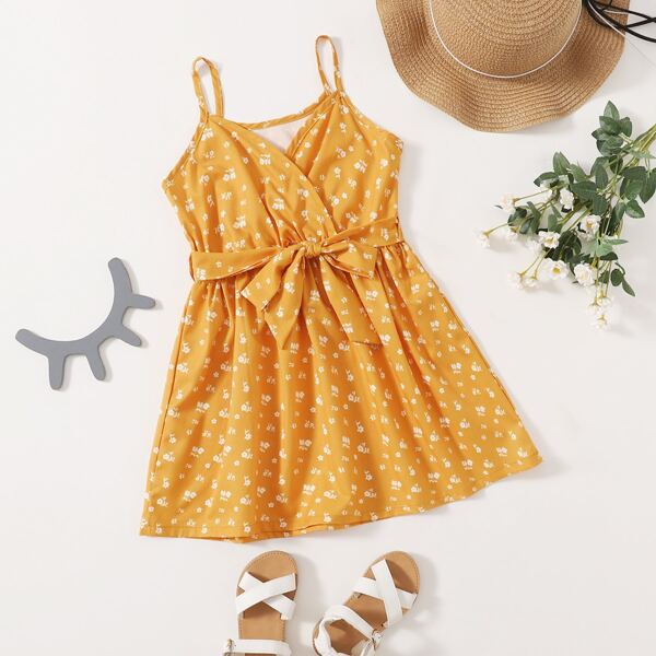 

Toddler Girls Floral Print Self Tie Cami Dress, Yellow