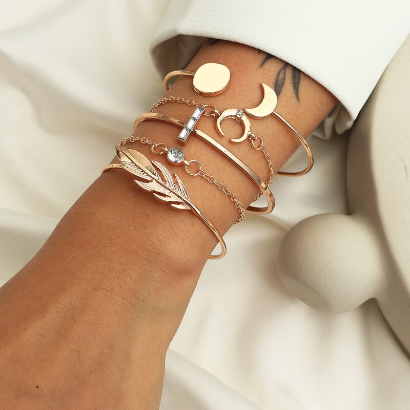 

5pcs Leaf Design Bracelet, Gold