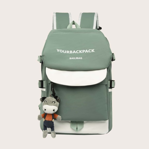 

Letter Graphic Backpack With Doll, Green