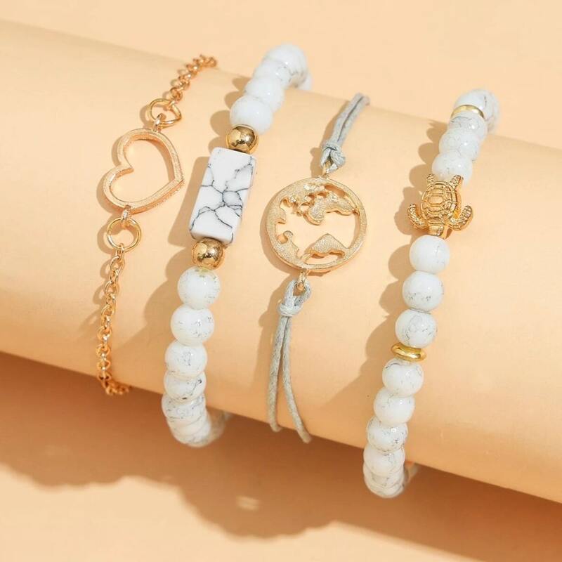 

4pcs Heart & Beaded Bracelet, Multicolor