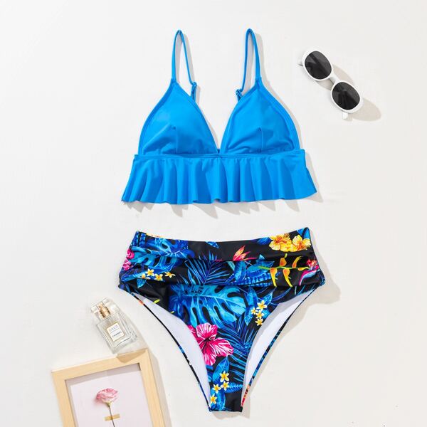 

Floral & Tropical Ruffle Hem Bikini Swimsuit, Blue