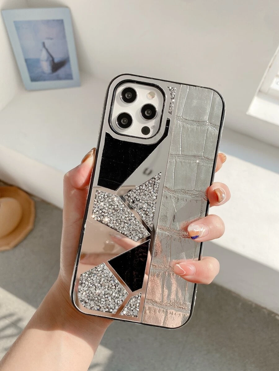 Rhinestone Decor Crocodile Pattern Phone Case - Silver - View 1