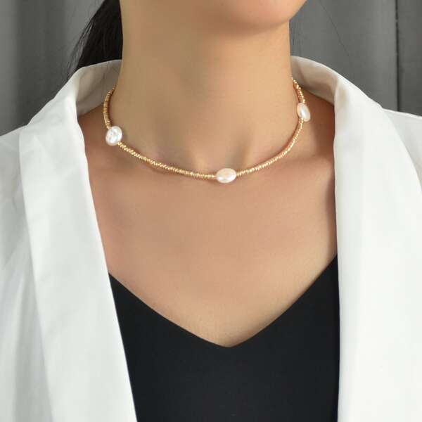 

Faux Pearl Beaded Necklace, Khaki