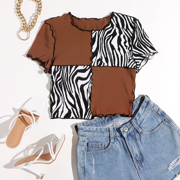 

Zebra Striped Panel Lettuce Edge Tee, Multicolor