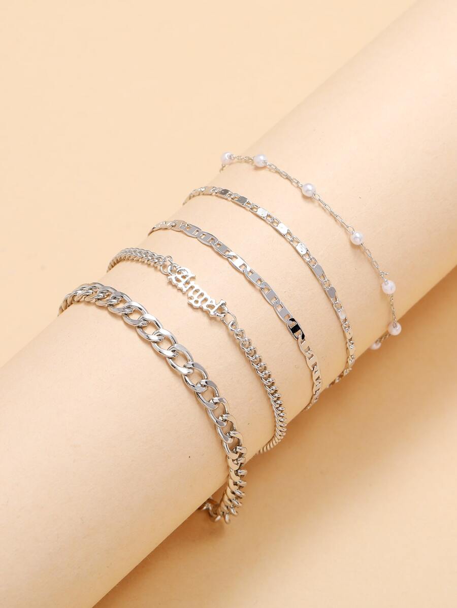 5 cái Lá thư & Đồ trang trí Ngọc Trai giả Vòng tay - Bạc - Xem 1