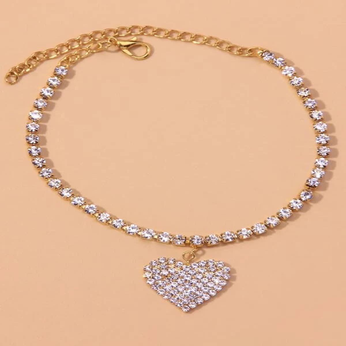 

Heart Charm Rhinestone Anklet, Gold