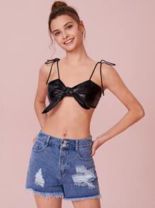 PU Knot Front Bralette - Black - View 1