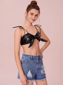 PU Knot Front Bralette - Black - View 4