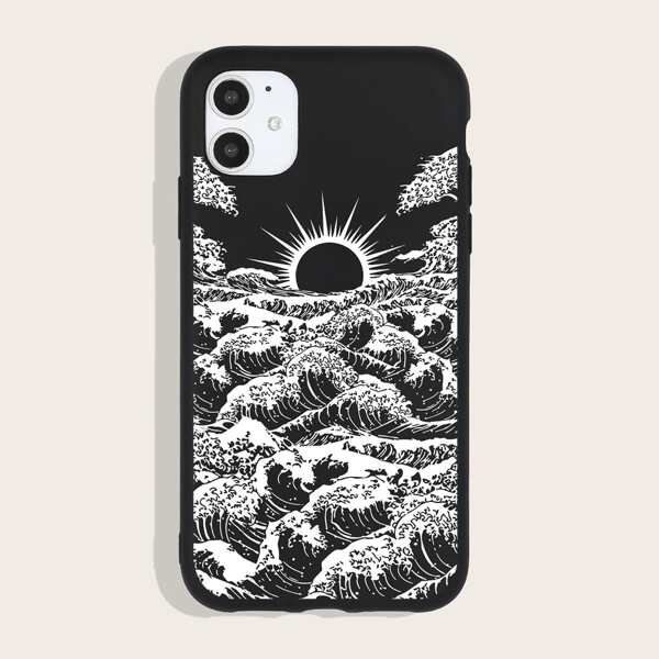 

Sun & Wave Pattern Phone Case, Black and white