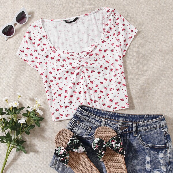 

Rib-knit Ditsy Floral Top, White