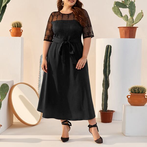 

Plus Embroidery Mesh Bodice Belted Dress, Black