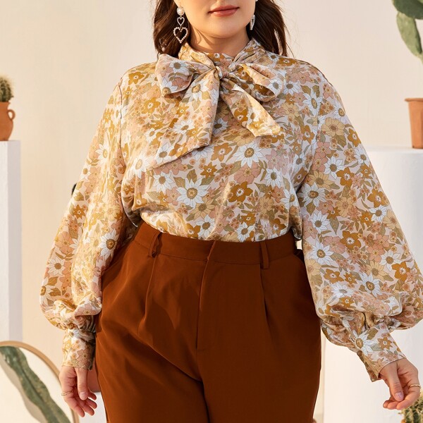 

Plus Tie Neck Lantern Sleeve Allover Floral Print Top, Multicolor