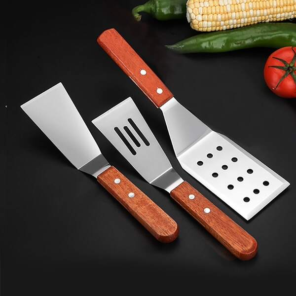 

3pcs Wooden Handle Cooking Spatula, Silver