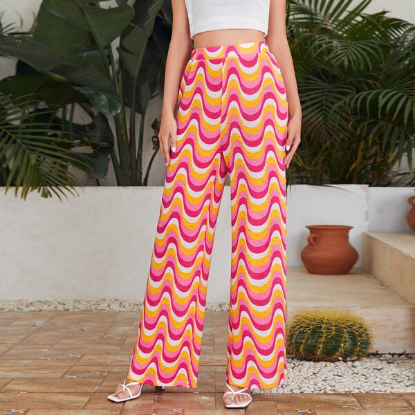 

Allover Wave Striped Print Palazzo Pants, Multicolor