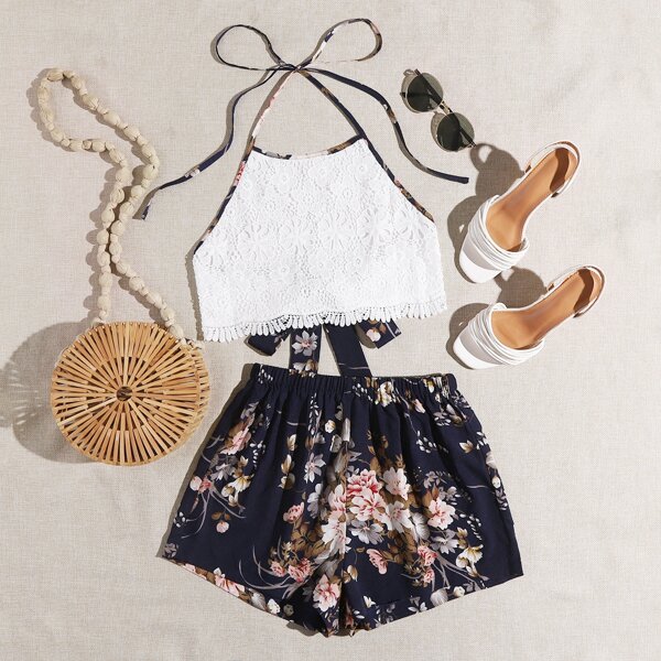 

Tie Back Lace Crop Halter Top & Floral Shorts Set, Multicolor