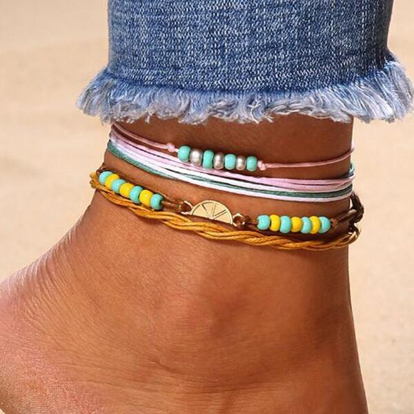

4pcs Bead Decor String Anklet, Multicolor
