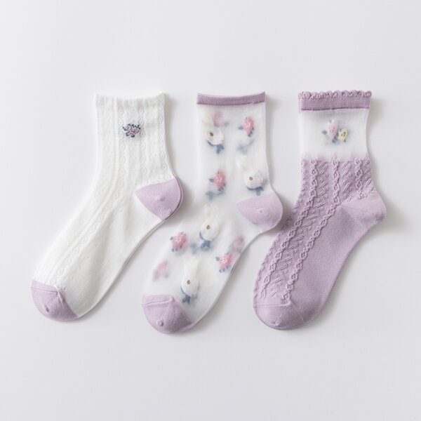 

3pairs Floral Print Socks, Multicolor