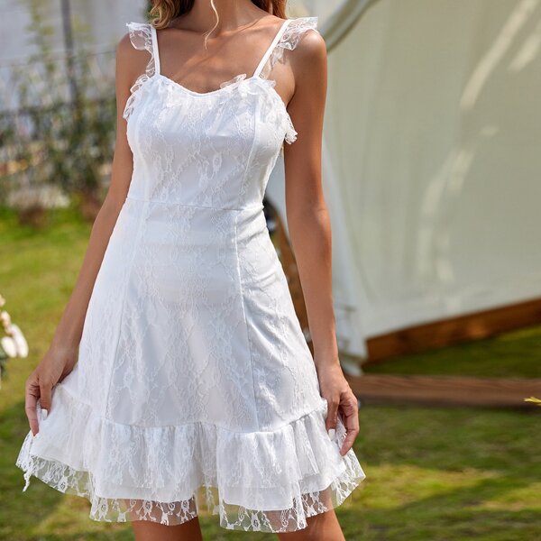 

Lace Overlay Ruffle Hem Cami Dress, White