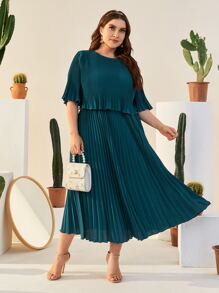 Modelyn 大碼荷葉邊袖百褶素色連衣裙