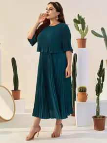 Modelyn 大碼荷葉邊袖百褶素色連衣裙