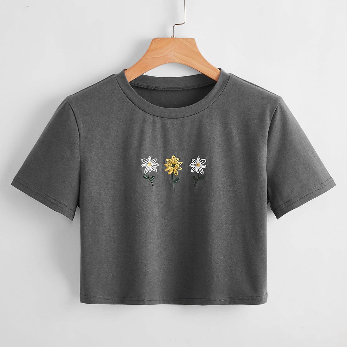 

Floral Embroidery Crop Top, Grey